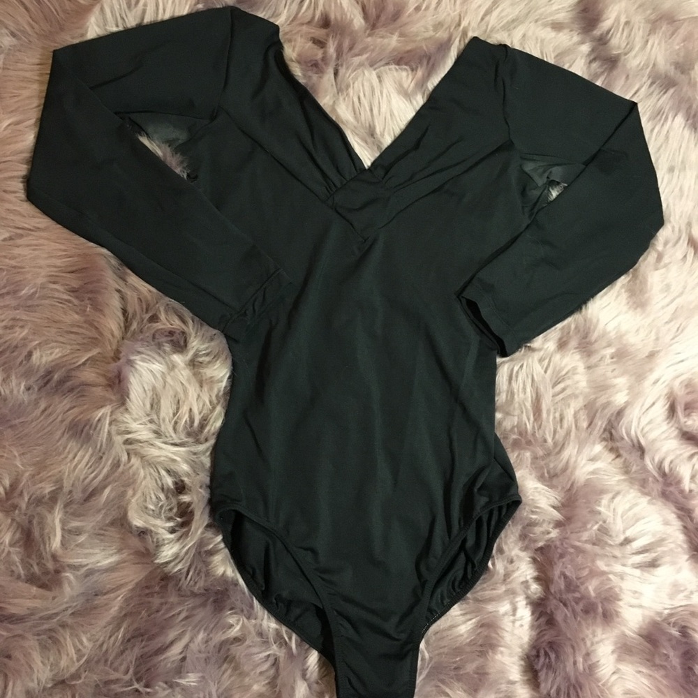 Black long sleeve v neck leotard